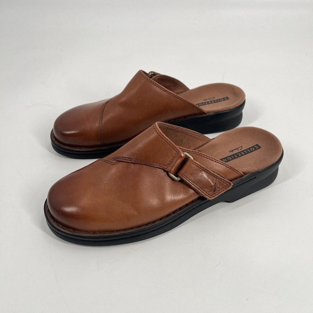 Clarks Brown Leather Slip On Clogs Mules Sz 9.5 - Picture 3 of 7